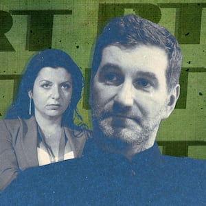 Illustration shows RT logo with Margarita superimposed behind Anton Kasovsky