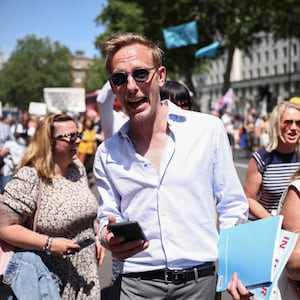 Laurence Fox takes part in an anti-lockdown and anti-vaccine demonstration, near parliament, London, Britain, June 14, 2021.