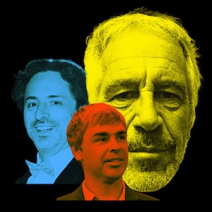 Photo illustrative collage of Jeffrey Epstein with Google founders Sergey Brin, and Larry Page.