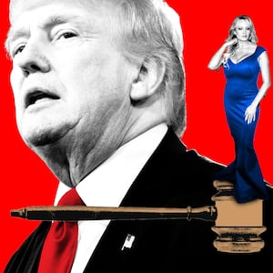 A photo illustration of Donald Trump behind Stormy Daniels standing on a gavel