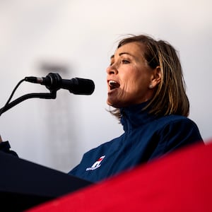 Governor Kim Reynolds (R-IA) speaks during a campaign event at Sioux Gateway Airport on November 3, 2022 in Sioux City, Iowa.