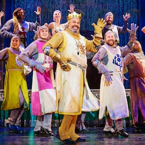 A photo including James Monroe Iglehart and the cast of 'Spamalot' on Broadway.