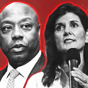 A photo illustration of Senator Tim Scott and Nikki Haley on a red background.