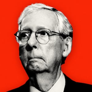 An illustration including a photo of Mitch McConnell