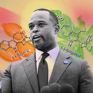 A photo illustration of Kentucky AG Daniel Cameron and ibogaine.