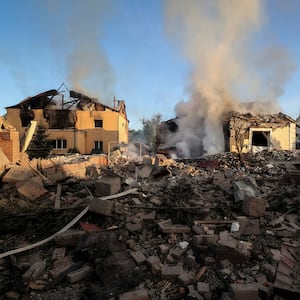 Damaged buildings at the site of a Russian missile strike, amid Russia's attack on Ukraine, in Kharkiv, Ukraine