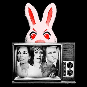 Photo illustration of Brian Kilmeade, Maria Bartiromo, Harris Faulkner in a tv with an angry easter bunny behind them