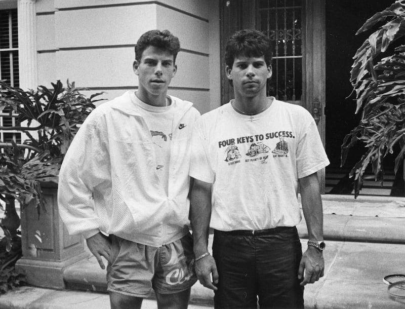 Erik and Lyle Menendez in front of the family home in Beverly Hills