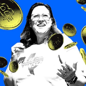 A photo illustration of Rep. Julie Johnson with bitcoin falling around her