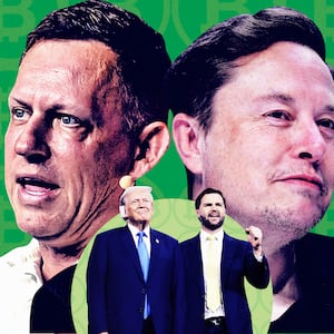 Photo illustration of Elon Musk, Peter Thiel  with Donald Trump and J.D. Vance in the foreground 