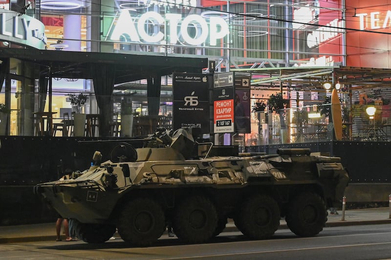 An armored personnel carrier next to a shopping mall in Rostov-on-Don, Russia, on June 24.