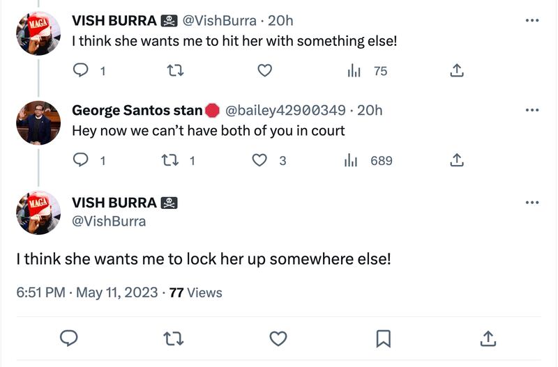 Two tweets from Vish Burra, saying, “I think she wants me to hit her with something else!” and “I think she wants me to lock her up somewhere else!”