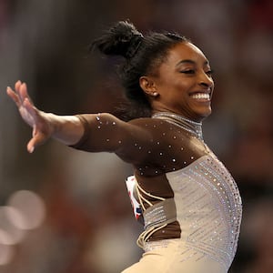 Simone Biles competes in the floor exercise during the 2024 Xfinity U.S. Gymnastics Championships in Fort Worth, Texas.