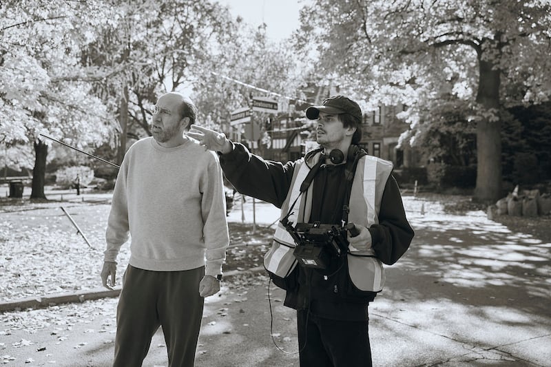 Nicolas Cage and Kristoffer Borgli on the set of Dream Scenario.