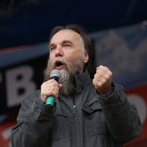 Alexander Dugin addresses the Battle for Donbas rally in support of the self-proclaimed Donetsk and Luhansk People’s Republics, in Moscow, Russia, Oct. 18, 2014. 