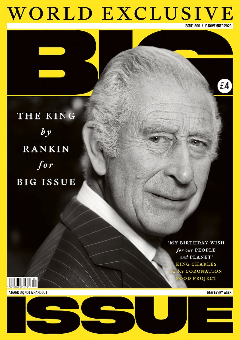 The portrait of Britain's King Charles, shot by photographer Rankin at Clarence House in London, Britain, appears on the cover of the Big Issue magazine, which will be available on sale on November 13, 2023.