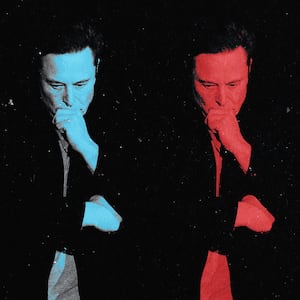 An illustration that includes a photo of Elon Musk in blue and red.