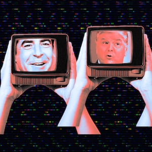 A photoillustration of three televisions being held up with the faces of Fox News hosts Jesse Watters, Sean Hannity, and Greg Gutfeld.