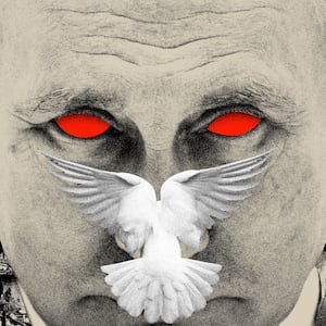 Photo illustration of Vladimir Putin with red eyes and a dove in front of his face