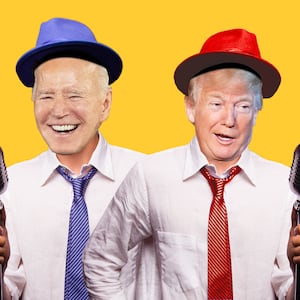 A photo illustration of Donald Trump and Joe Biden as stand up comedians