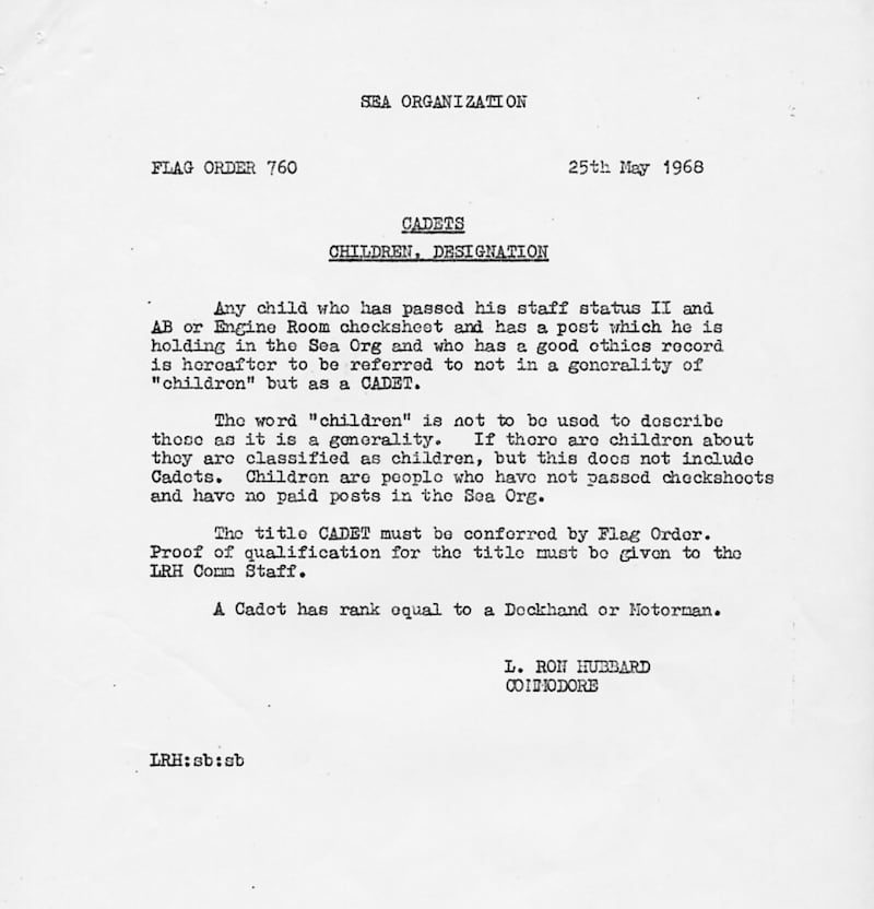 A 1968 memo by Scientology Founder L. Ron Hubbard says minors who earn the title of Cadet shall not be referred to as "children."