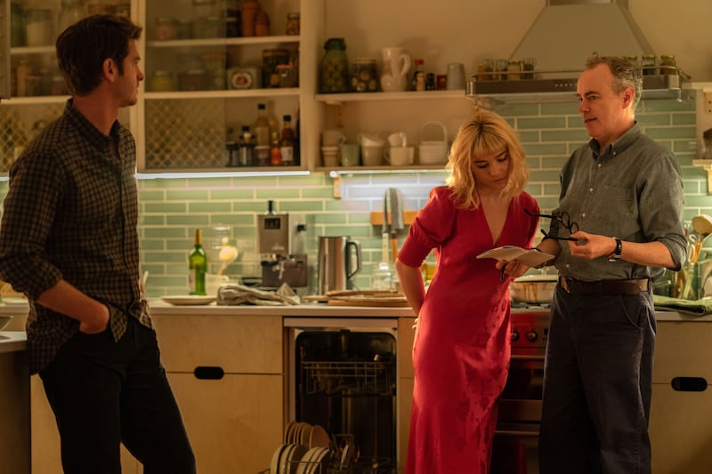 Andrew Garfield, Florence Pugh, and John Crowley on set of We Live in Time