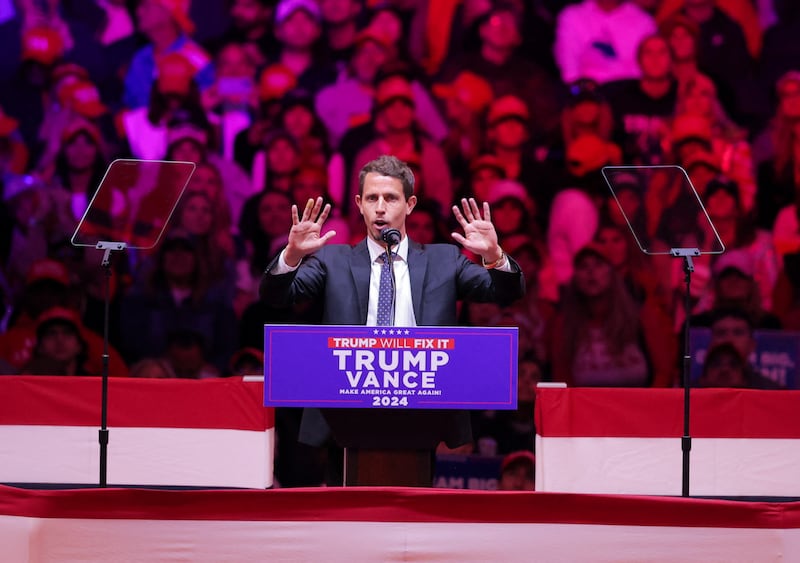 Comedian Tony Hinchcliffe speaks during a rally for Republican presidential nominee and former U.S. President Donald Trump at Madison Square Garden, in New York, U.S., October 27, 2024. REUTERS/Andrew Kelly