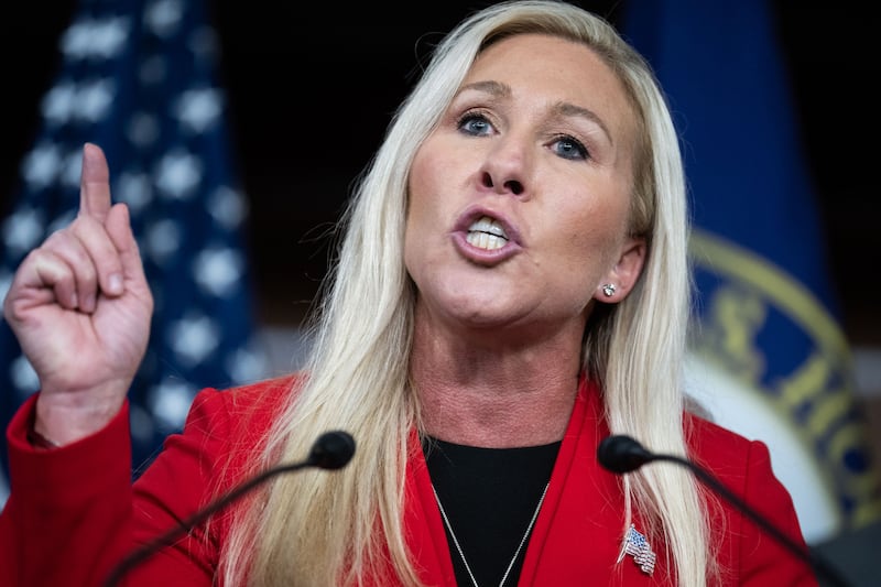 Rep. Marjorie Taylor Greene, R-Ga., speaks during a news conference in the Capitol Visitor Center on Tuesday, February 6, 2024. 