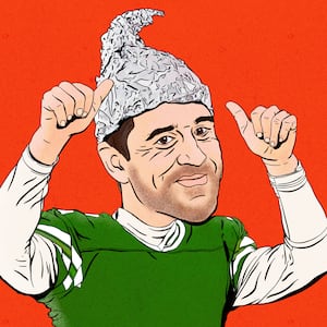 Illustration of Aaron Rodgers with a tinfoil hat