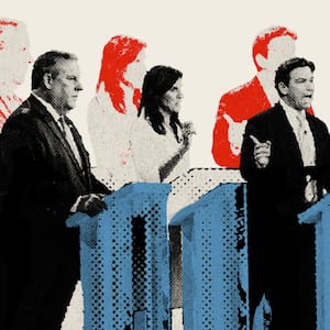 Photo illustration of Chris Christie, Nikki Haley, Ron DeSantis, and Vivek Ramaswamy at a Republican Debate