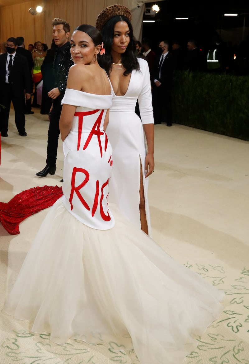 AOC at Met Gala wearing "Tax the Rich" dress