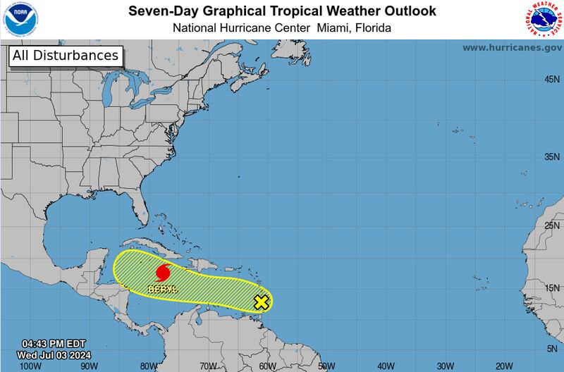 A map showing Hurricane Beryl in the Caribbean