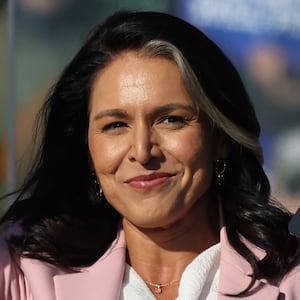 Former Rep. Tulsi Gabbard (R-HI) takes the stage during a Republican presidential nominee, former U.S. President Donald Trump campaign rally at Lancaster Airport on November 03, 2024 in Lititz, Pennsylvania.