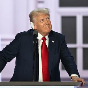 Donald Trump arrives onstage to accept his party's nomination on the last day of the 2024 Republican National Convention in Milwaukee.