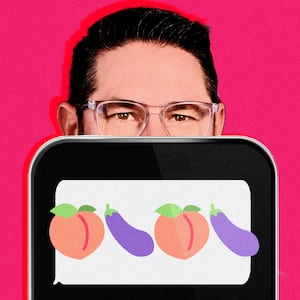 A photo illustration showing Dusty Deever’s eyes peaking over an Iphone text message with peach emojis and eggplant emojis.