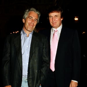 Portrait of American financier Jeffrey Epstein (left) and real estate developer Donald Trump as they pose together at the Mar-a-Lago estate, Palm Beach, Florida, 1997.