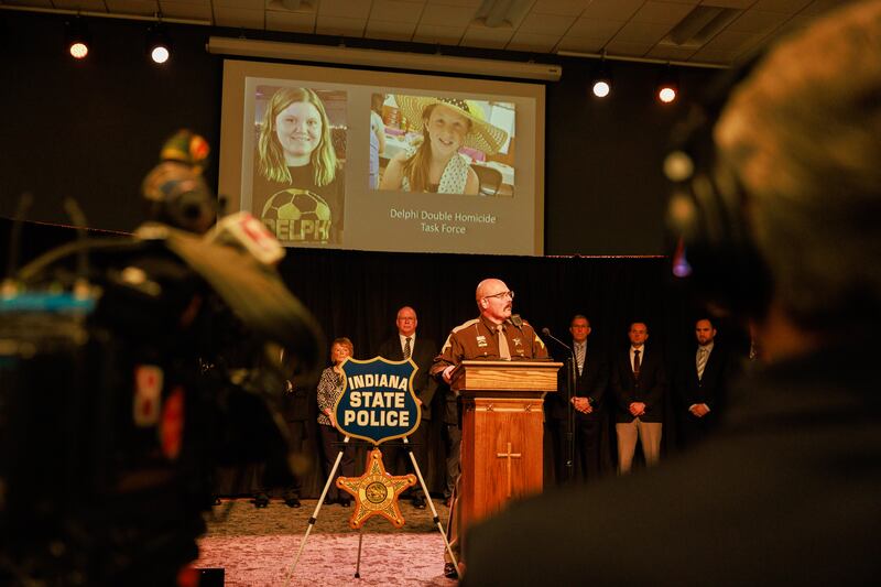 BLOOMINGTON, UNITED STATES - 2022/10/31: Carroll County Sheriff Tobias Leazenby speaks during a press conference after they arrested Richard Allen due to the 2017 murder of the two eighth-graders in Delphi. Indiana State Police Superintendent Doug Carter announced at a press conference that they had arrested the Delphi, Indiana, man Richard Allen for the murders of the eight-graders, Abby Williams, 13, and Libby German, 14, in 2017. (Photo by Jeremy Hogan/SOPA Images/LightRocket via Getty Images)