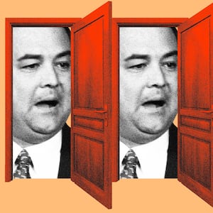 Photo illustration of Christian Ziegler in repeating red open doors on an orange background.