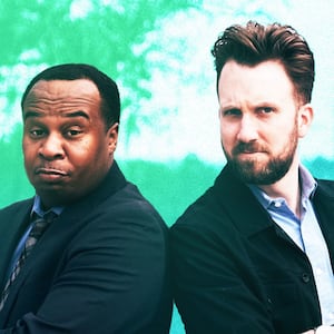 Photo illustration of Roy Wood Jr and Jordan Klepper on a green and blue background