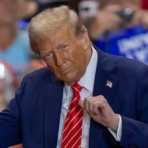 Republican presidential nominee, former President Donald Trump, shows off his dance moves to YMCA following his remarks on Wednesday, October 30, 2024 at the Rocky Mount Event Center in Rocky Mount, N.C.