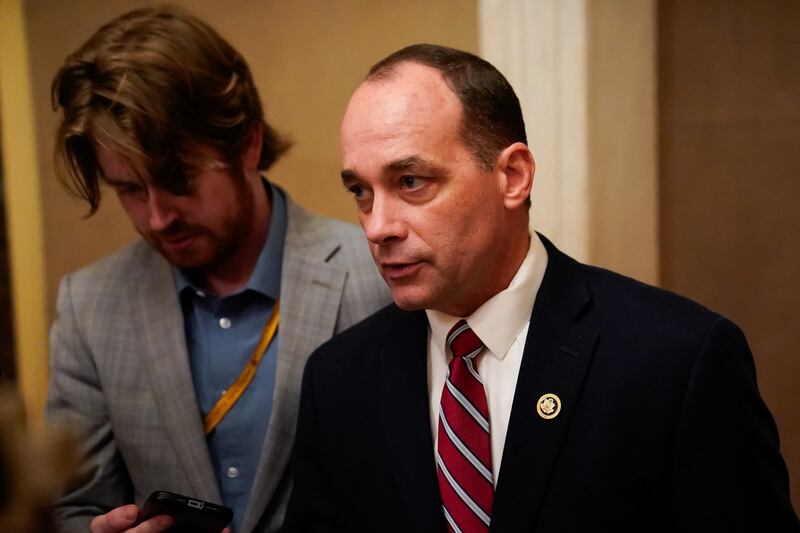 Rep. Bob Good (R-VA), chair of the Freedom Caucus, speaks to reporters before attending a meeting in the offices of Speaker of the House Mike Johnson (R-LA).