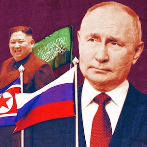 A photo illustration of Russian President Putin, North Korea leader Kim Jong Un, and the flag of Hamas.