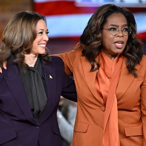 Vice President Kamala Harris joins US television producer Oprah Winfrey at a 'Unite for America' live streaming rally in Farmington Hills, Michigan, on September 19, 2024.