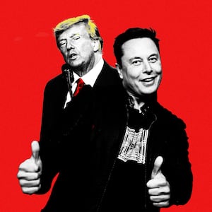 An illustration including Former US President Donald Trump and X CEO Elon Musk