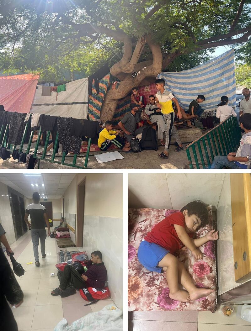 Survivors seek shelter in the grounds of al Shifa hospital 