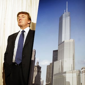 Donald Trump and architect Adrian Smith unveil an artist’s rendition of Trump Tower Chicago at a news conference September 23, 2003 Chicago, Illinois.