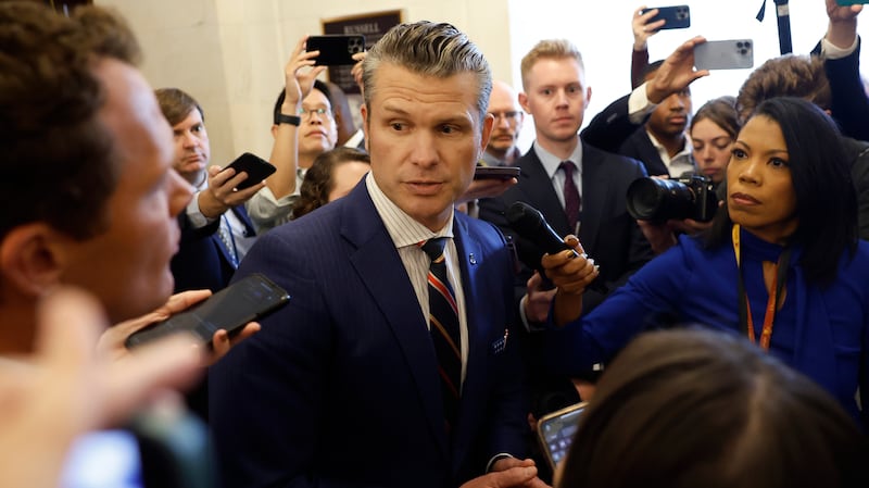 President-elect Donald Trump's nominee to be Secretary of Defense Pete Hegseth speaks to reporters as he leaves the Russell Senate Office Building on November 21, 2024 in Washington, DC. Hegseth was on Capitol Hill meeting with Senators to discuss his nomination and qualifications.