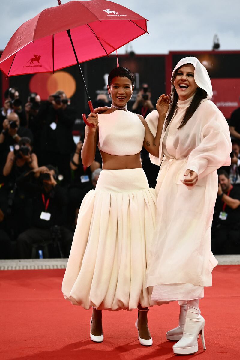 Taylor Russell director Barbara Paz post on red carpet during the Venice Film Festival on September 2, 2024.