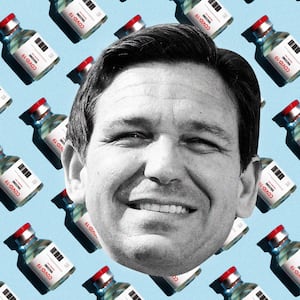 An illustration including photos of Ron DeSantis and Covid-19 vials