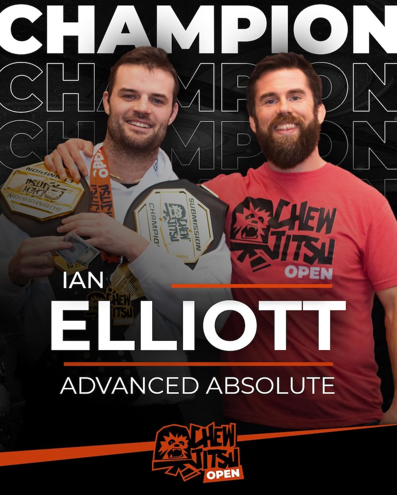 MMA influencer Nick Albin presents white supremacist Ian Elliott with an award at the Chewjitsu Open Louisville, February 2024.